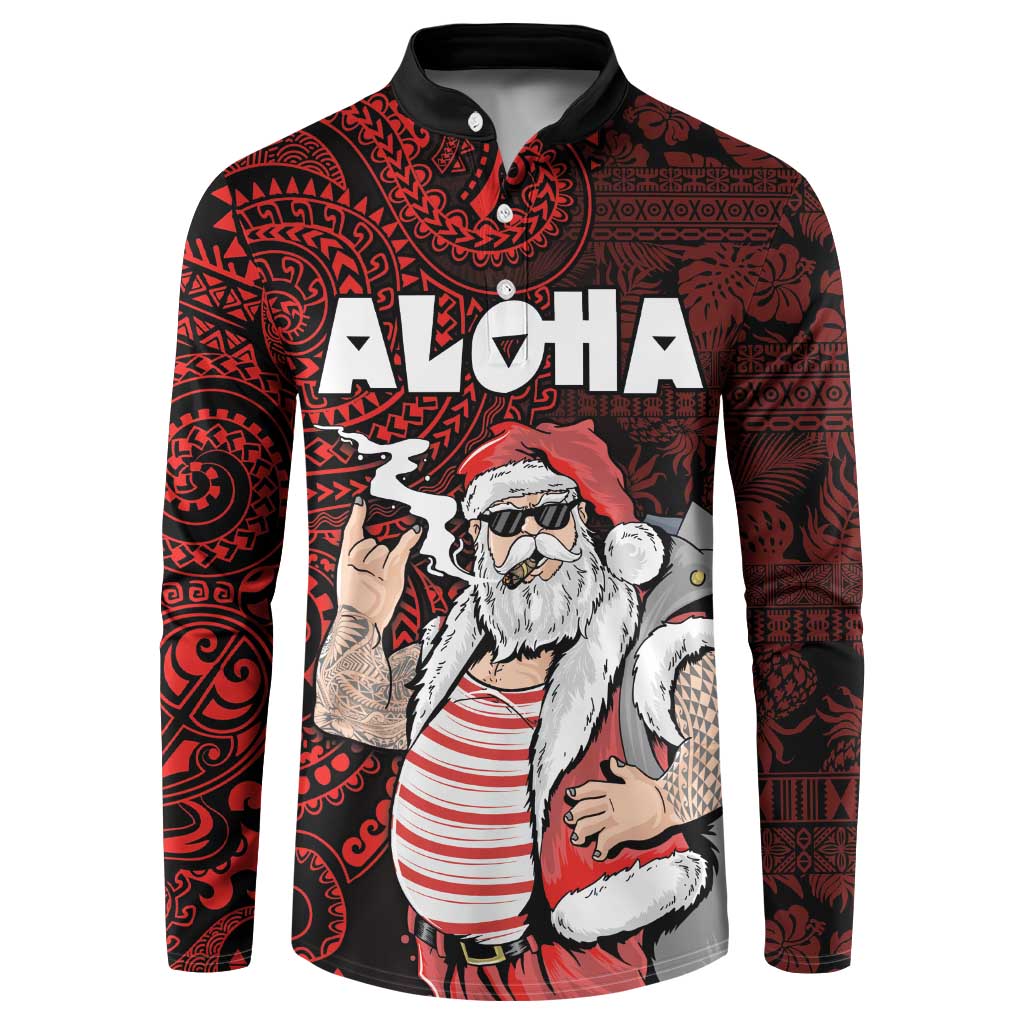 Hawaii Aloha Santa Claus Funny Polynesian Tattoo Button Sweatshirt Red Color LT03 Red - Polynesian Pride