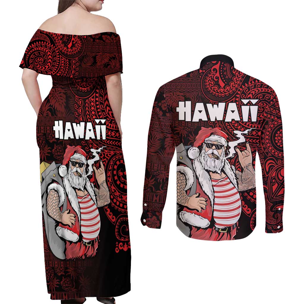 Hawaii Aloha Santa Claus Funny Polynesian Tattoo Couples Matching Off Shoulder Maxi Dress and Long Sleeve Button Shirt Red Color