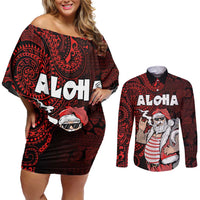 Hawaii Aloha Santa Claus Funny Polynesian Tattoo Couples Matching Off Shoulder Short Dress and Long Sleeve Button Shirt Red Color