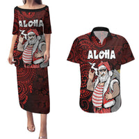 Hawaii Aloha Santa Claus Funny Polynesian Tattoo Couples Matching Puletasi and Hawaiian Shirt Red Color