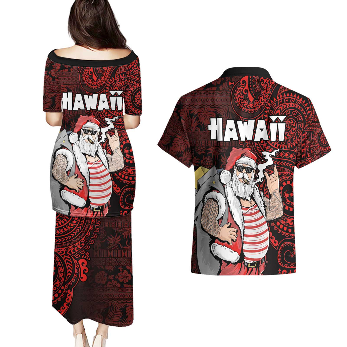Hawaii Aloha Santa Claus Funny Polynesian Tattoo Couples Matching Puletasi and Hawaiian Shirt Red Color