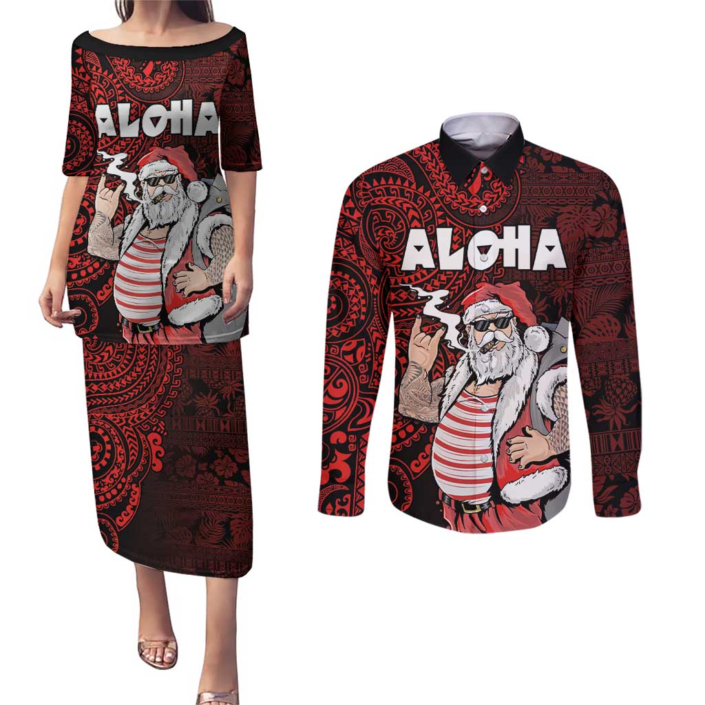 Hawaii Aloha Santa Claus Funny Polynesian Tattoo Couples Matching Puletasi and Long Sleeve Button Shirt Red Color