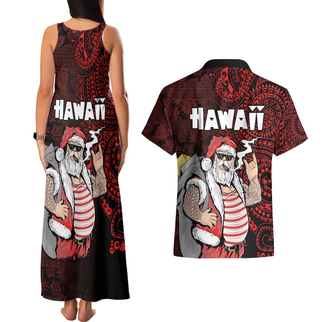 Hawaii Aloha Santa Claus Funny Polynesian Tattoo Couples Matching Tank Maxi Dress and Hawaiian Shirt Red Color