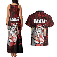 Hawaii Aloha Santa Claus Funny Polynesian Tattoo Couples Matching Tank Maxi Dress and Hawaiian Shirt Red Color