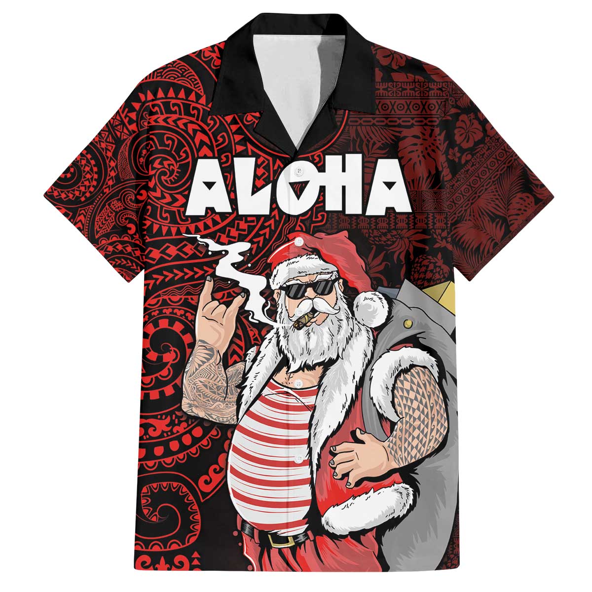 Hawaii Aloha Santa Claus Funny Polynesian Tattoo Family Matching Puletasi and Hawaiian Shirt Red Color LT03 Dad's Shirt - Short Sleeve Red - Polynesian Pride