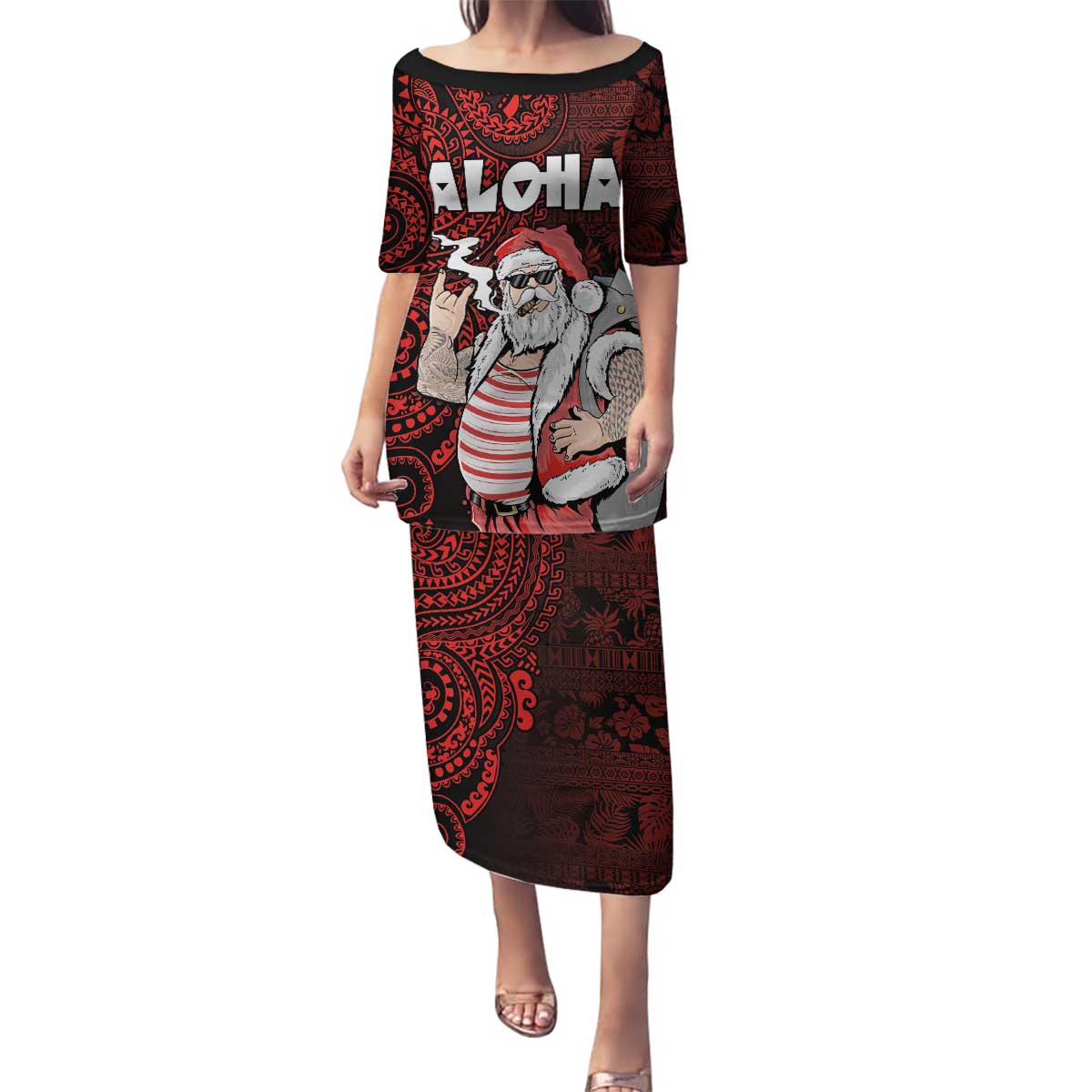 Hawaii Aloha Santa Claus Funny Polynesian Tattoo Family Matching Puletasi and Hawaiian Shirt Red Color LT03 Mom's Dress Red - Polynesian Pride