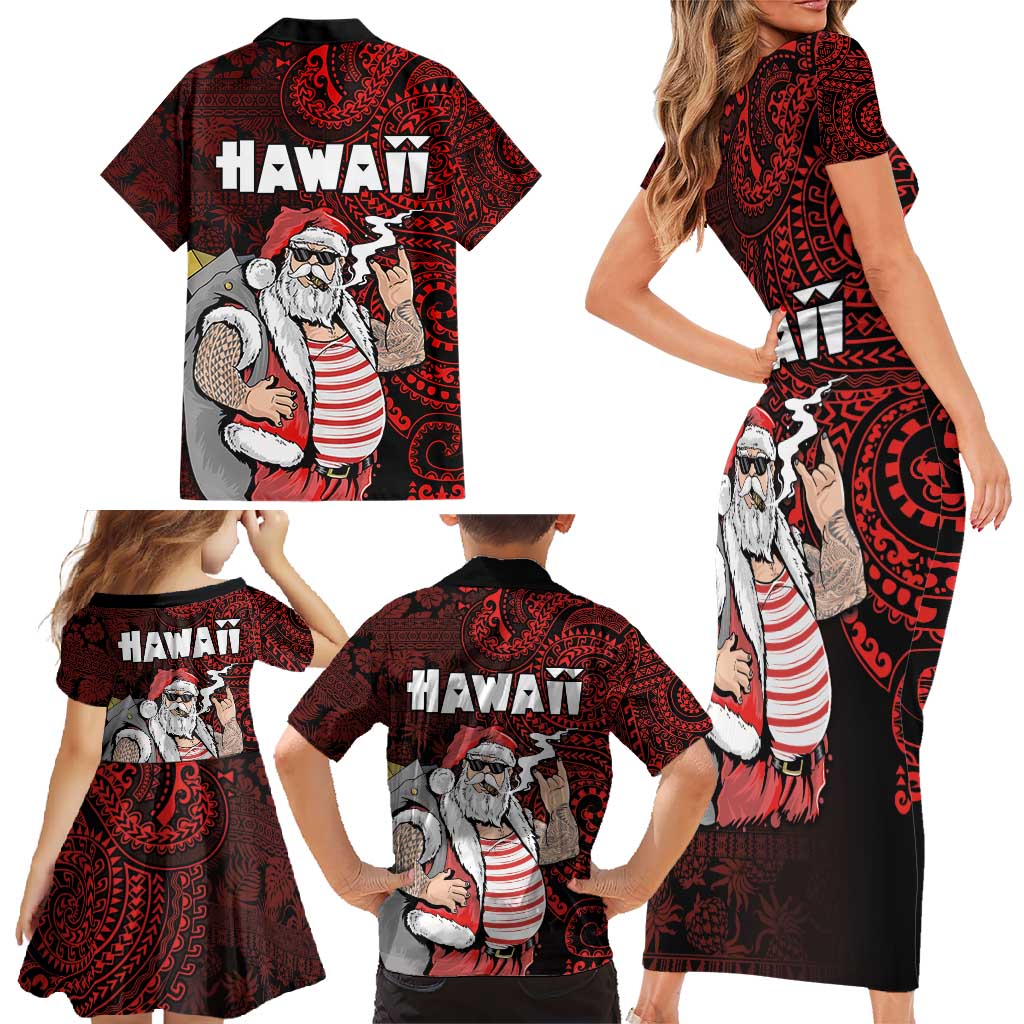 Hawaii Aloha Santa Claus Funny Polynesian Tattoo Family Matching Short Sleeve Bodycon Dress and Hawaiian Shirt Red Color