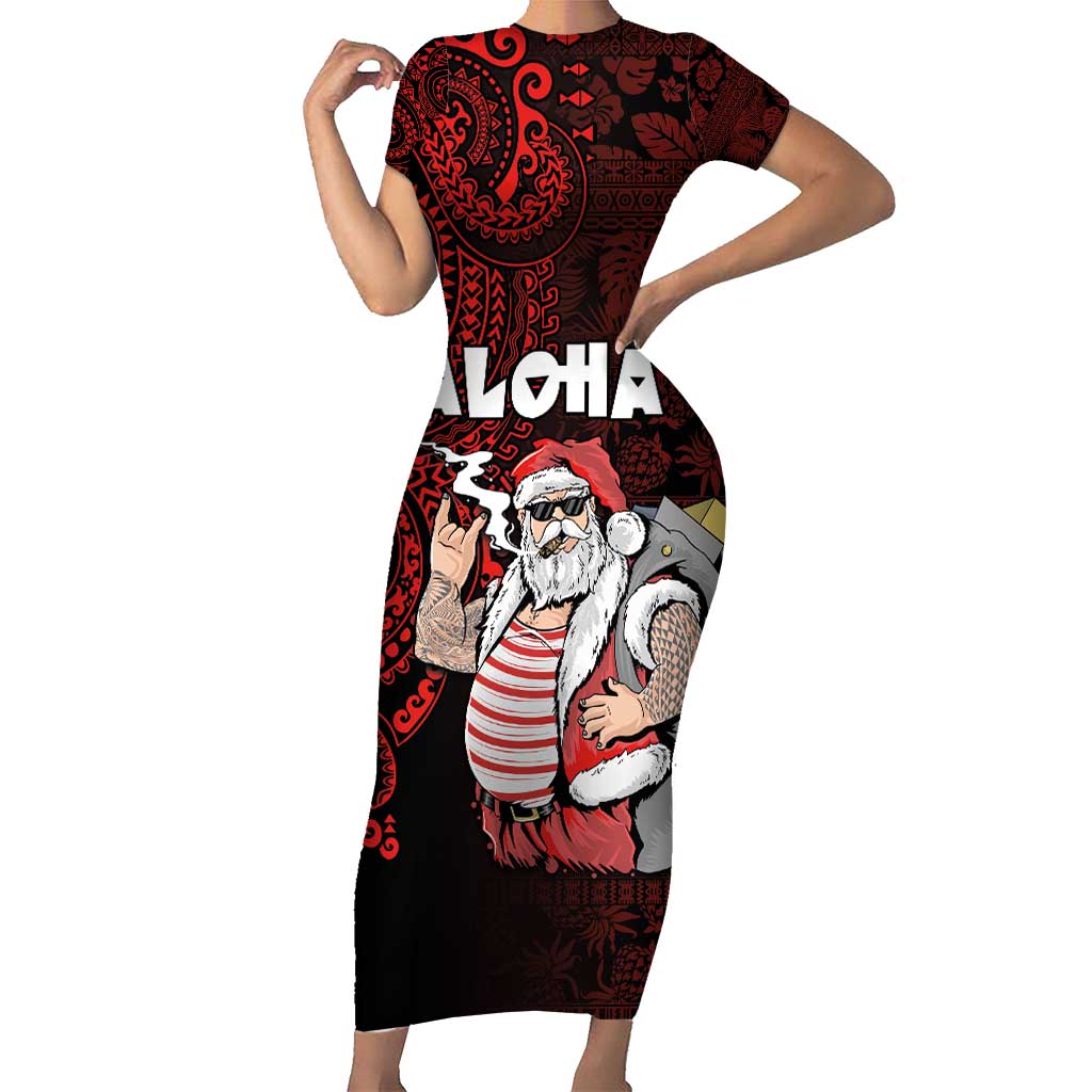 Hawaii Aloha Santa Claus Funny Polynesian Tattoo Family Matching Short Sleeve Bodycon Dress and Hawaiian Shirt Red Color