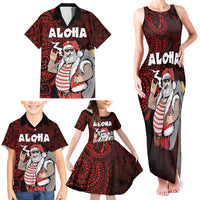 Hawaii Aloha Santa Claus Funny Polynesian Tattoo Family Matching Tank Maxi Dress and Hawaiian Shirt Red Color