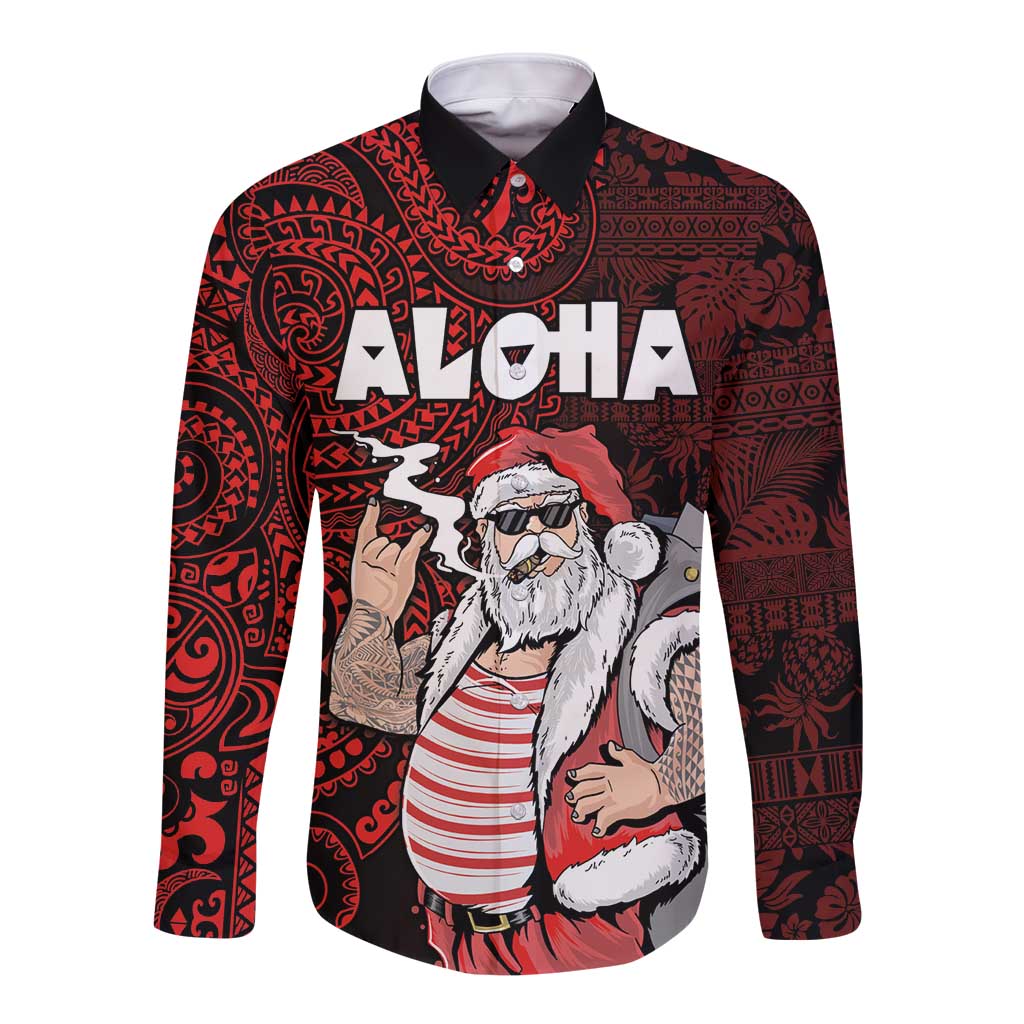 Hawaii Aloha Santa Claus Funny Polynesian Tattoo Long Sleeve Button Shirt Red Color LT03 Unisex Red - Polynesian Pride
