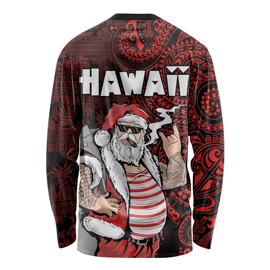Hawaii Aloha Santa Claus Funny Polynesian Tattoo Long Sleeve Shirt Red Color