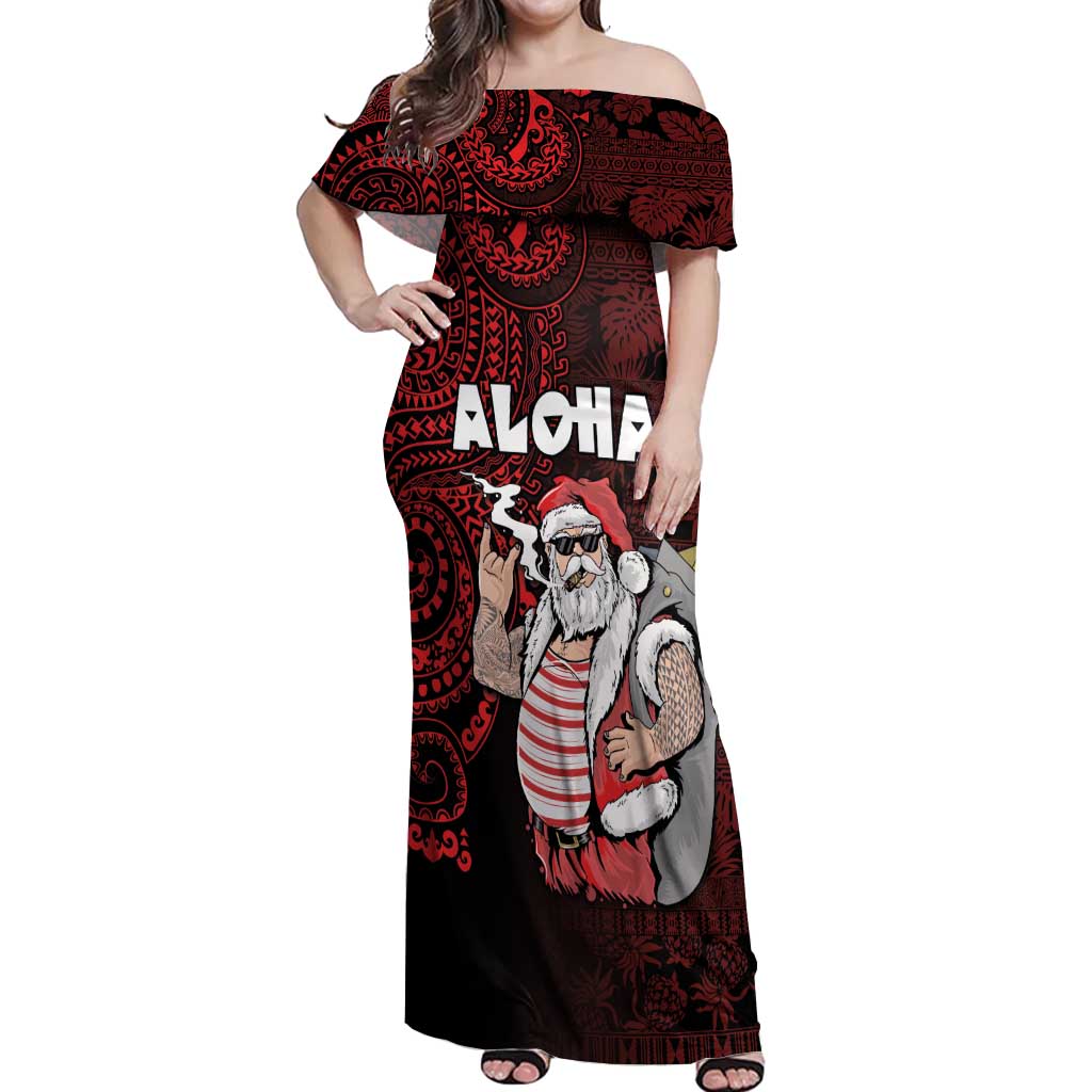 Hawaii Aloha Santa Claus Funny Polynesian Tattoo Off Shoulder Maxi Dress Red Color