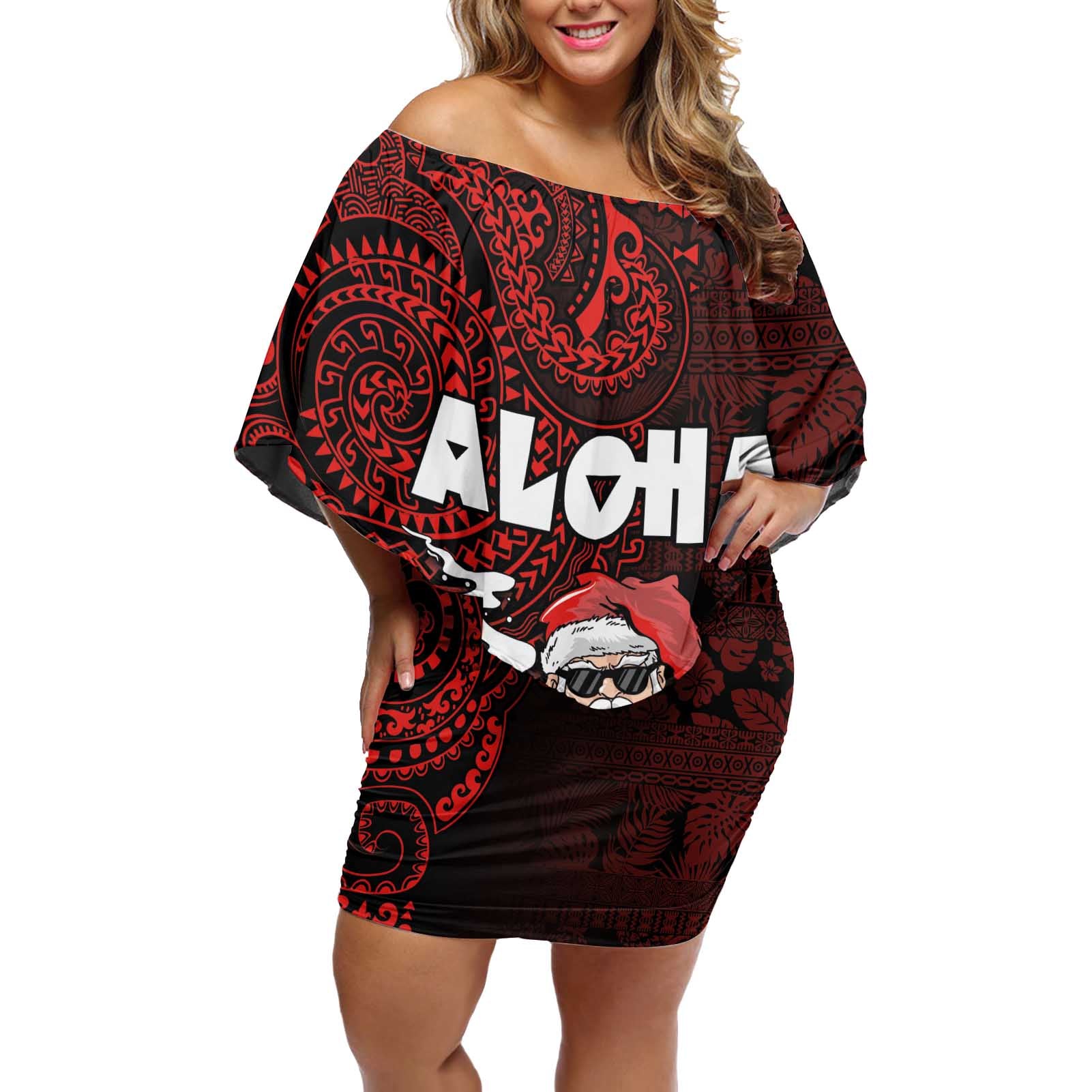 Hawaii Aloha Santa Claus Funny Polynesian Tattoo Off Shoulder Short Dress Red Color