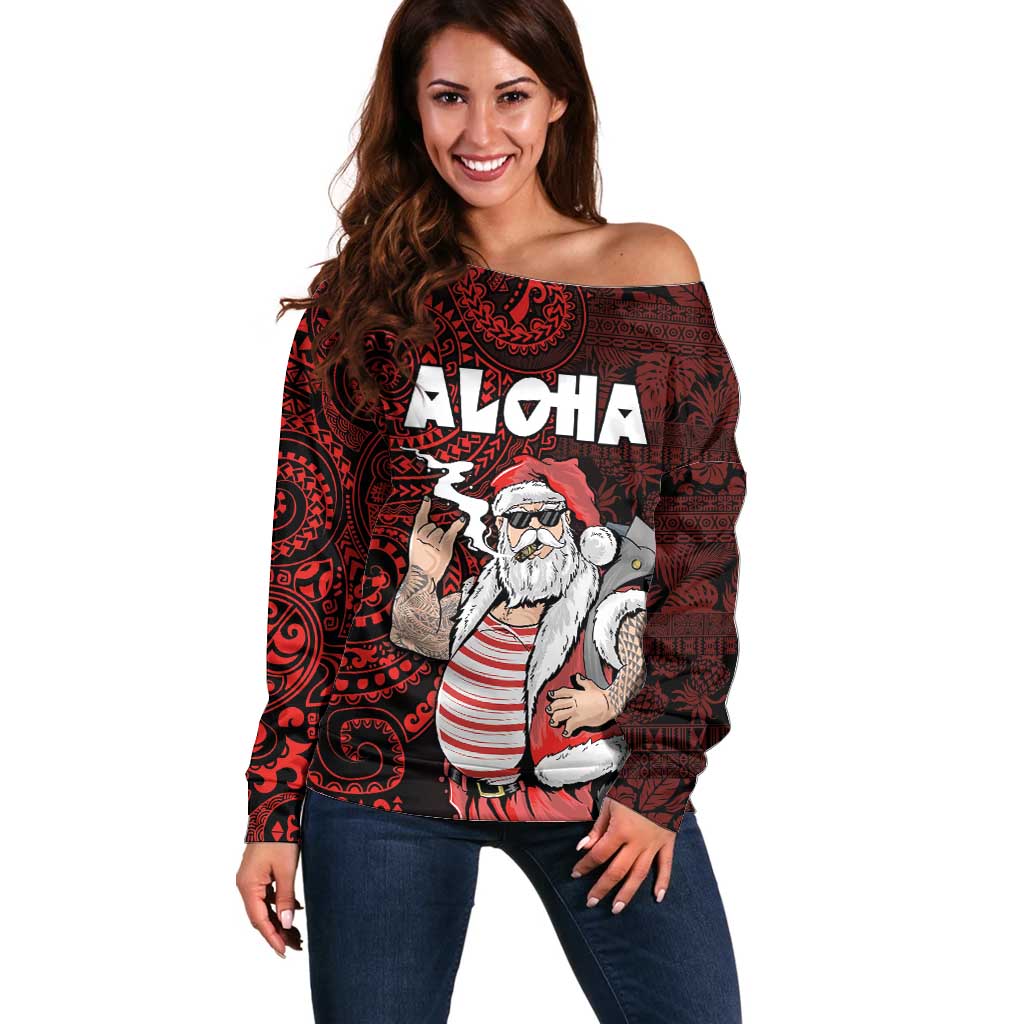 Hawaii Aloha Santa Claus Funny Polynesian Tattoo Off Shoulder Sweater Red Color