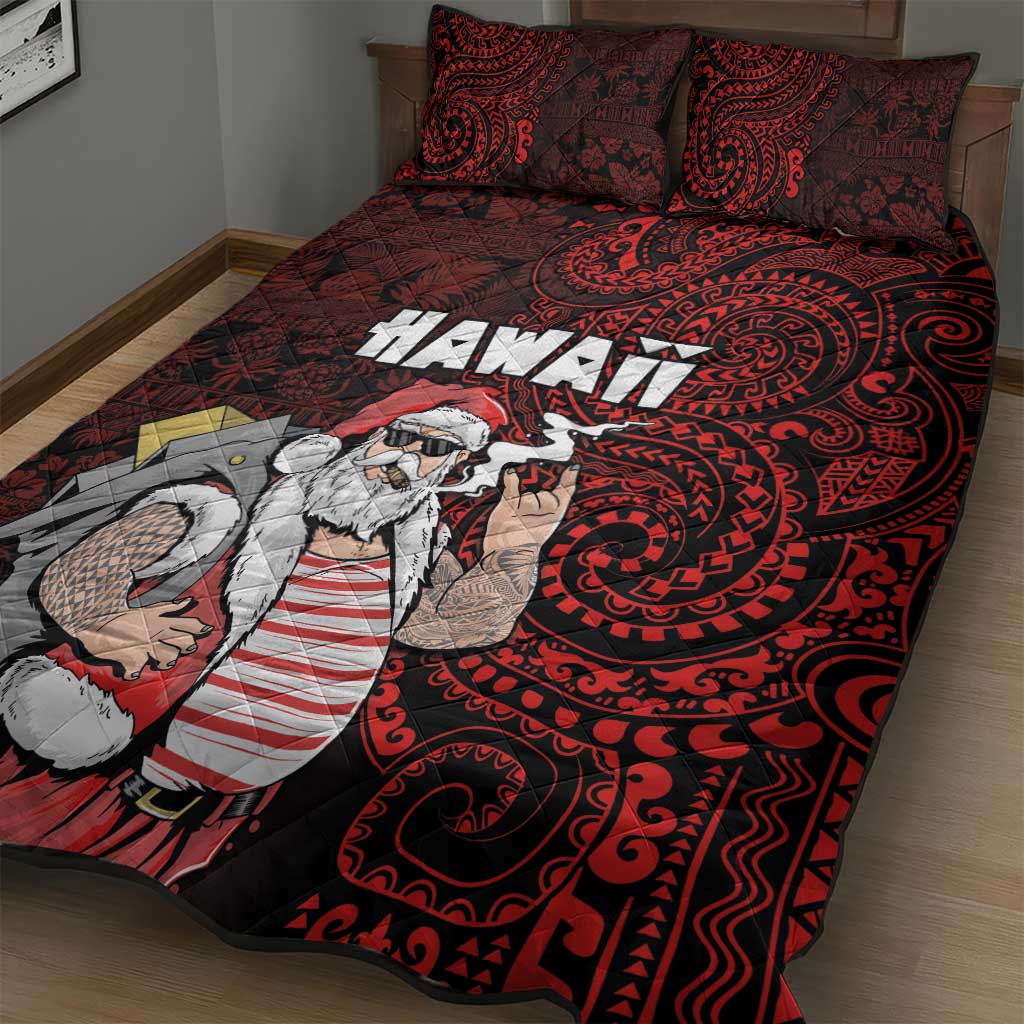 Hawaii Aloha Santa Claus Funny Polynesian Tattoo Quilt Bed Set Red Color