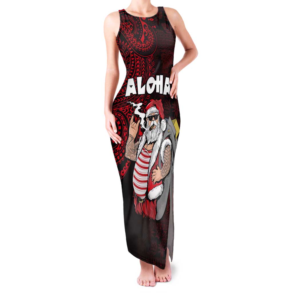 Hawaii Aloha Santa Claus Funny Polynesian Tattoo Tank Maxi Dress Red Color
