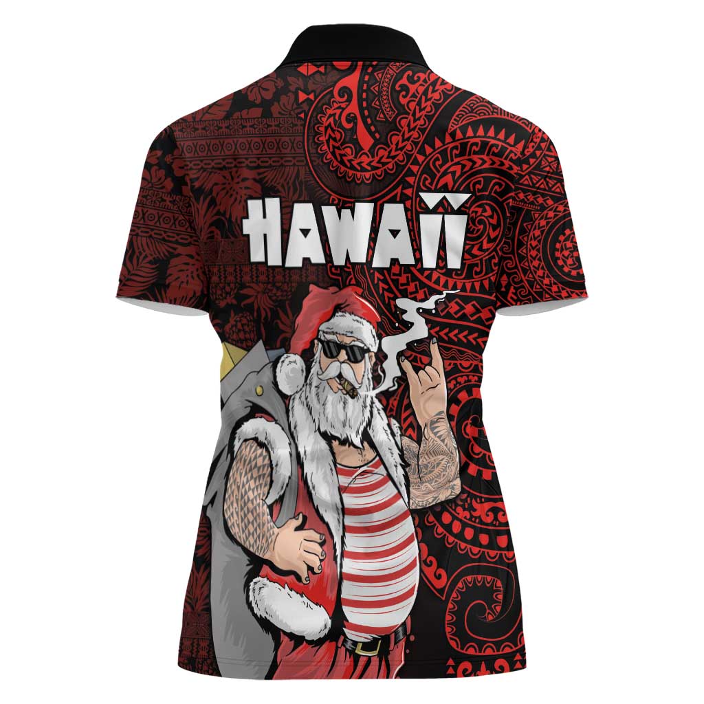 Hawaii Aloha Santa Claus Funny Polynesian Tattoo Women Polo Shirt Red Color