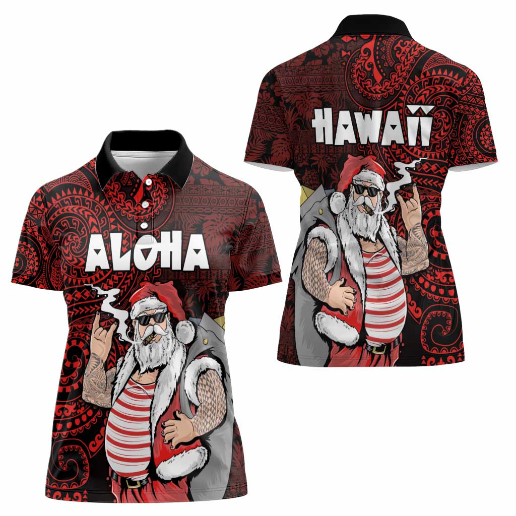 Hawaii Aloha Santa Claus Funny Polynesian Tattoo Women Polo Shirt Red Color