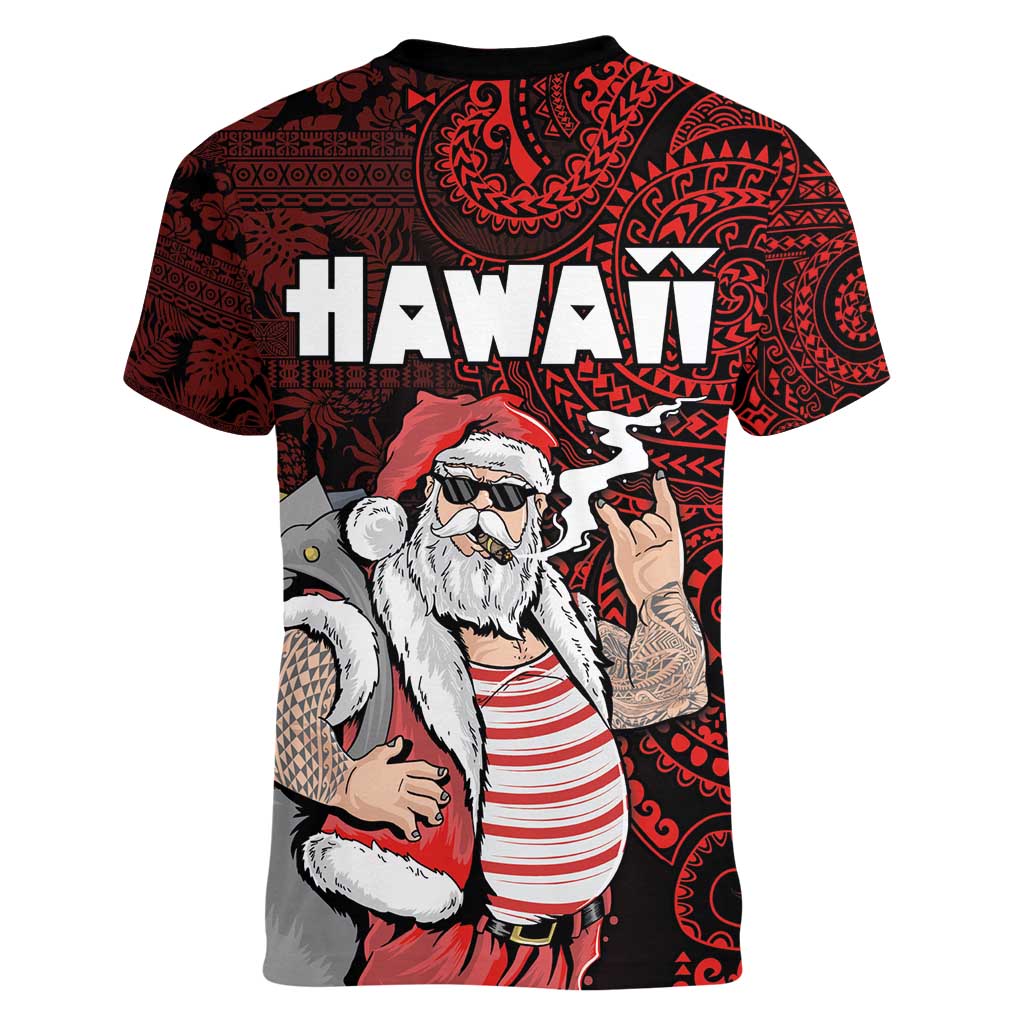 Hawaii Aloha Santa Claus Funny Polynesian Tattoo Women V-Neck T-Shirt Red Color LT03 - Polynesian Pride