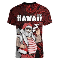 Hawaii Aloha Santa Claus Funny Polynesian Tattoo Women V-Neck T-Shirt Red Color LT03 - Polynesian Pride