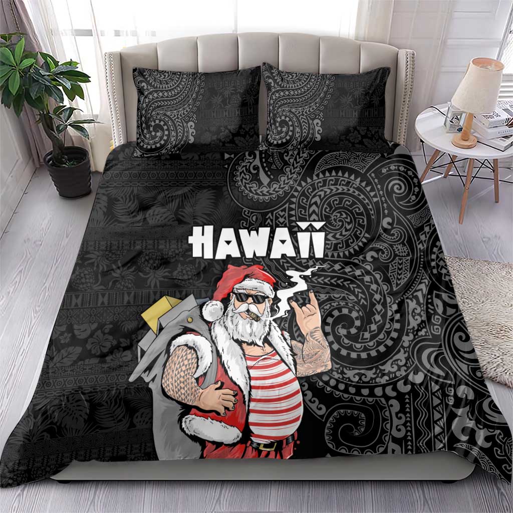 Hawaii Aloha Santa Claus Funny Polynesian Tattoo Bedding Set Black Color
