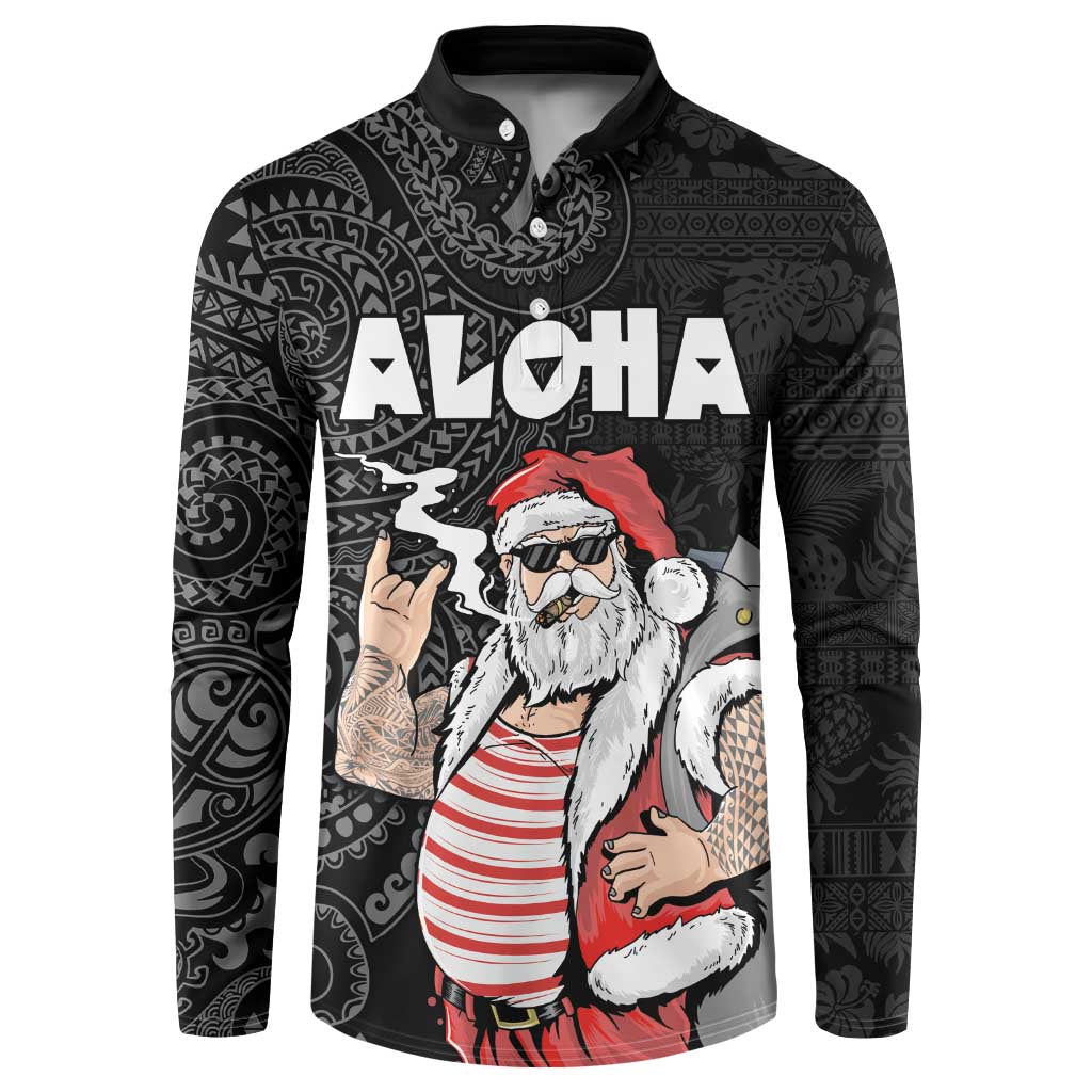 Hawaii Aloha Santa Claus Funny Polynesian Tattoo Button Sweatshirt Black Color LT03 Black - Polynesian Pride