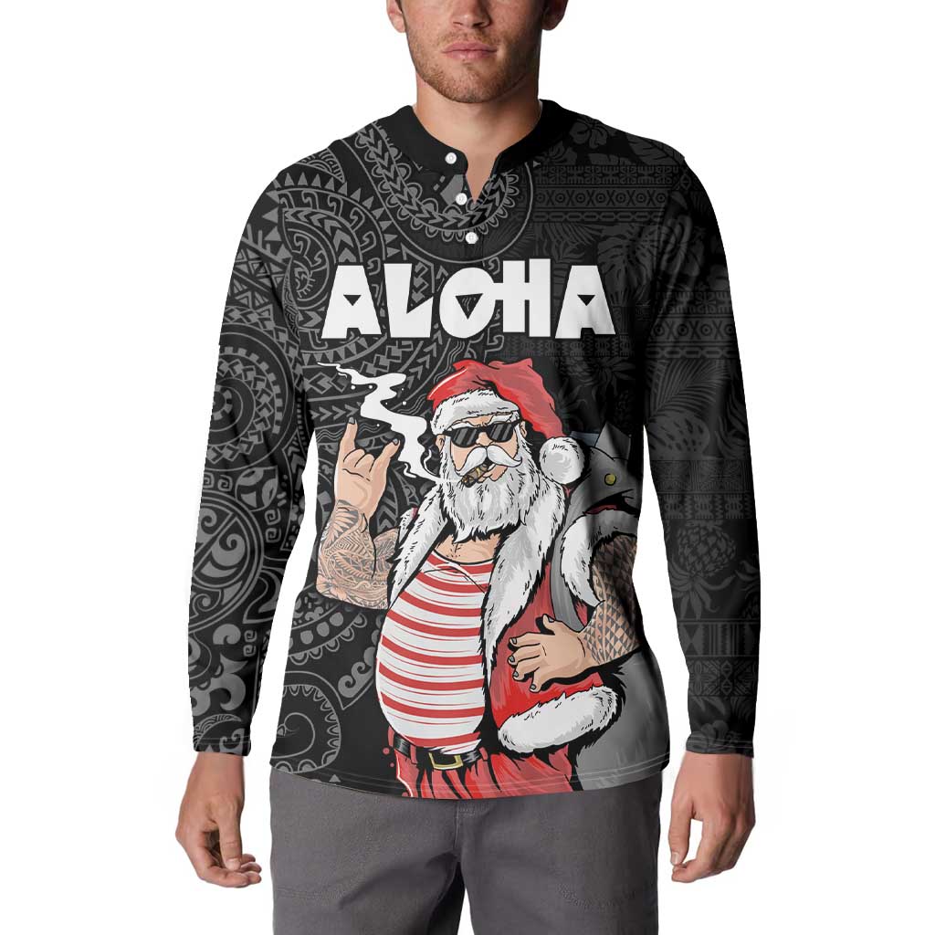 Hawaii Aloha Santa Claus Funny Polynesian Tattoo Button Sweatshirt Black Color