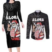 Hawaii Aloha Santa Claus Funny Polynesian Tattoo Couples Matching Long Sleeve Bodycon Dress and Long Sleeve Button Shirt Black Color