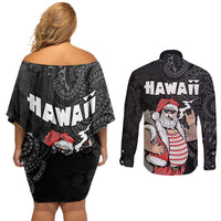 Hawaii Aloha Santa Claus Funny Polynesian Tattoo Couples Matching Off Shoulder Short Dress and Long Sleeve Button Shirt Black Color