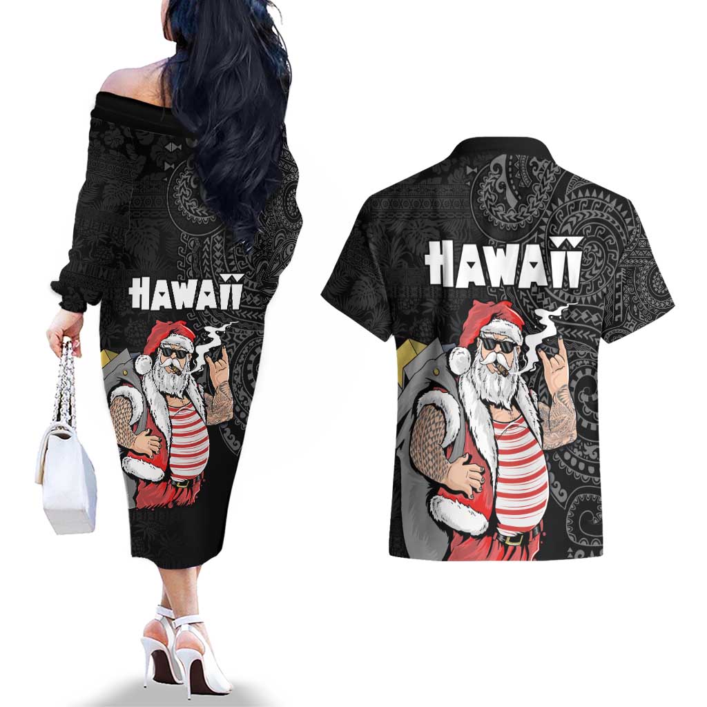 Hawaii Aloha Santa Claus Funny Polynesian Tattoo Couples Matching Off The Shoulder Long Sleeve Dress and Hawaiian Shirt Black Color