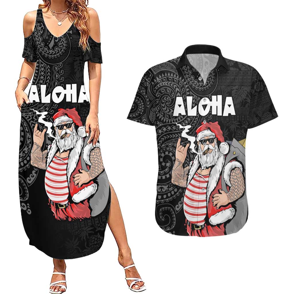 Hawaii Aloha Santa Claus Funny Polynesian Tattoo Couples Matching Summer Maxi Dress and Hawaiian Shirt Black Color