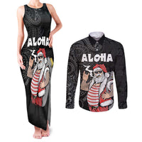 Hawaii Aloha Santa Claus Funny Polynesian Tattoo Couples Matching Tank Maxi Dress and Long Sleeve Button Shirt Black Color