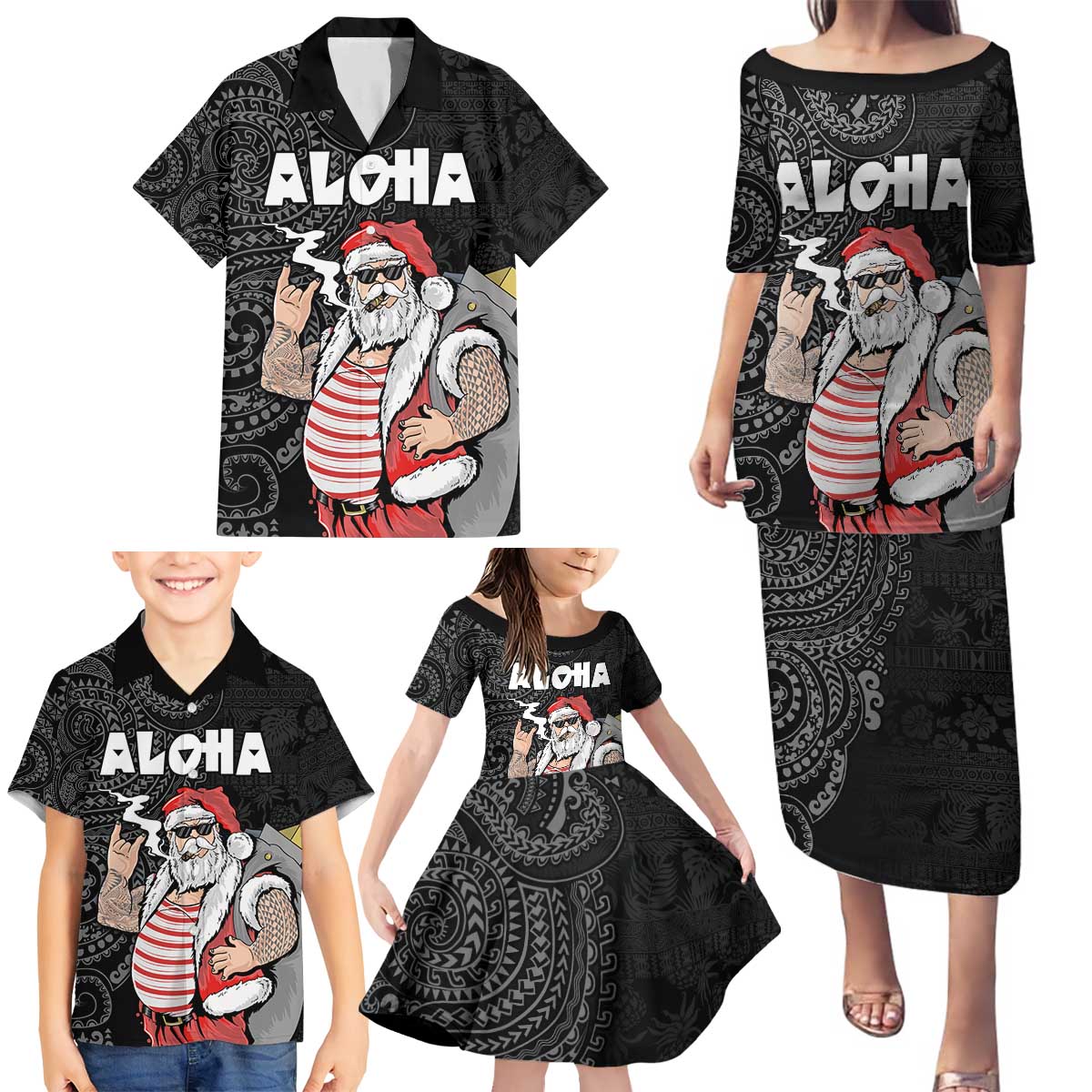 Hawaii Aloha Santa Claus Funny Polynesian Tattoo Family Matching Puletasi and Hawaiian Shirt Black Color