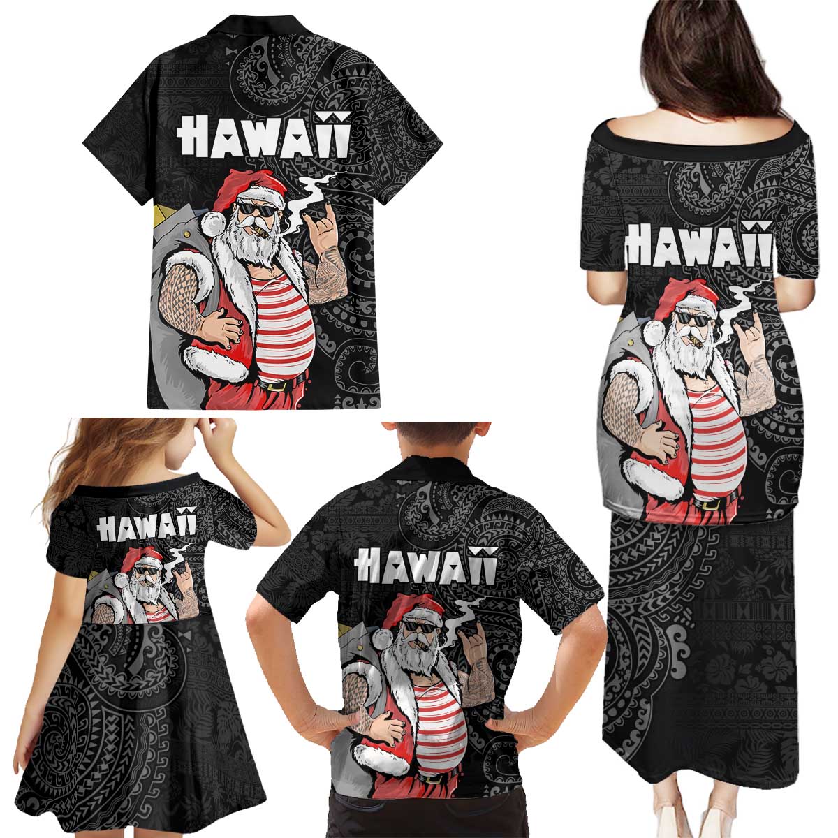 Hawaii Aloha Santa Claus Funny Polynesian Tattoo Family Matching Puletasi and Hawaiian Shirt Black Color