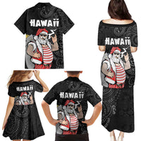 Hawaii Aloha Santa Claus Funny Polynesian Tattoo Family Matching Puletasi and Hawaiian Shirt Black Color