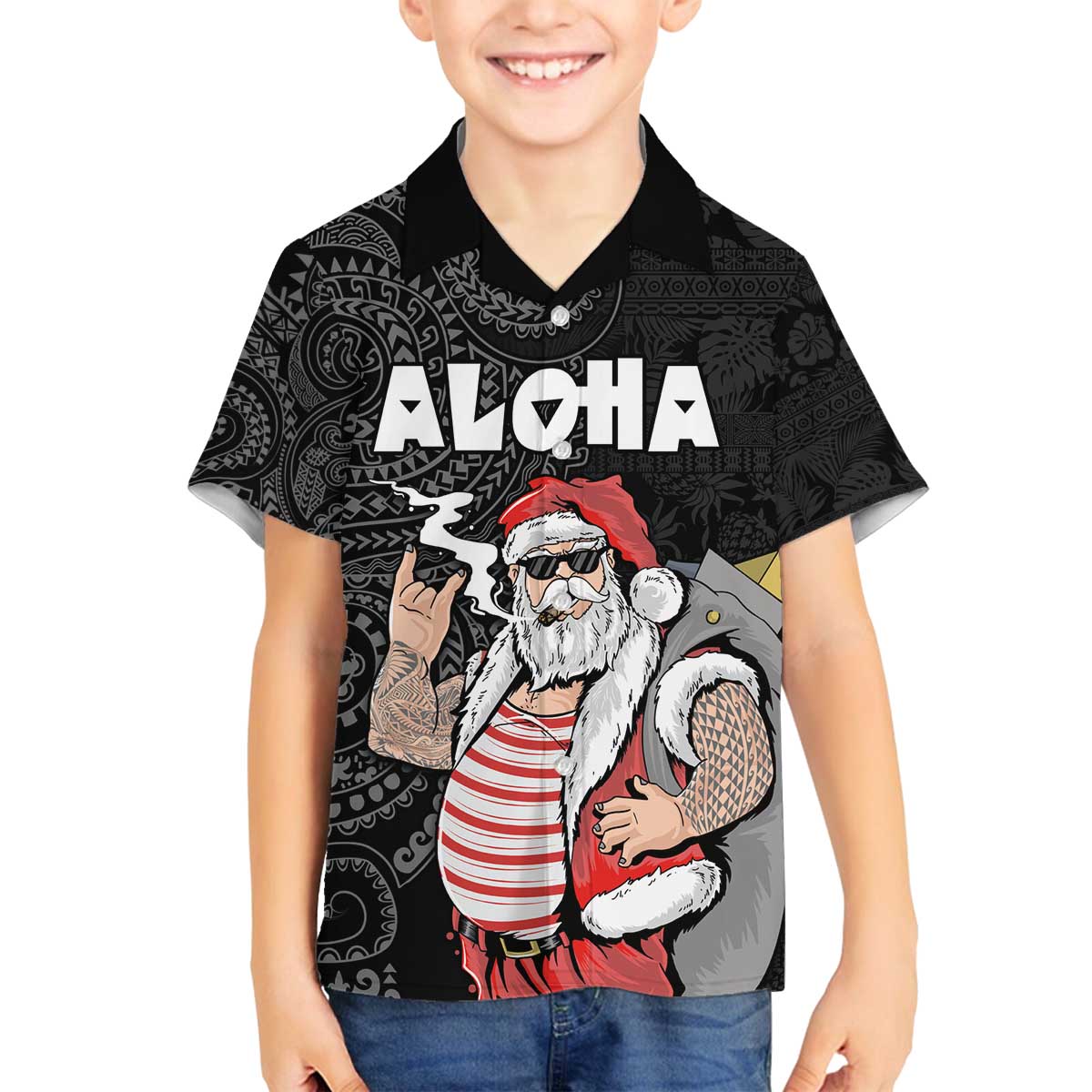 Hawaii Aloha Santa Claus Funny Polynesian Tattoo Family Matching Puletasi and Hawaiian Shirt Black Color