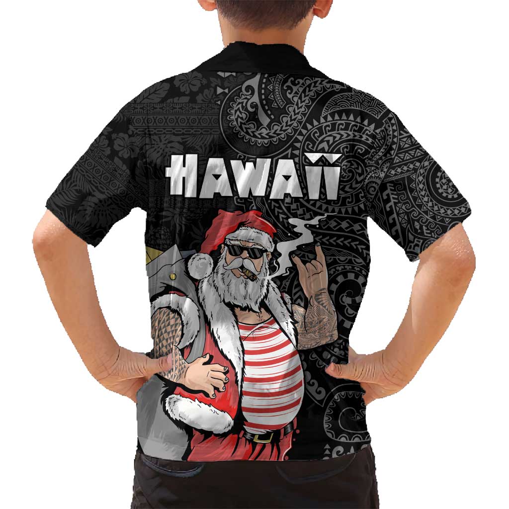 Hawaii Aloha Santa Claus Funny Polynesian Tattoo Family Matching Tank Maxi Dress and Hawaiian Shirt Black Color