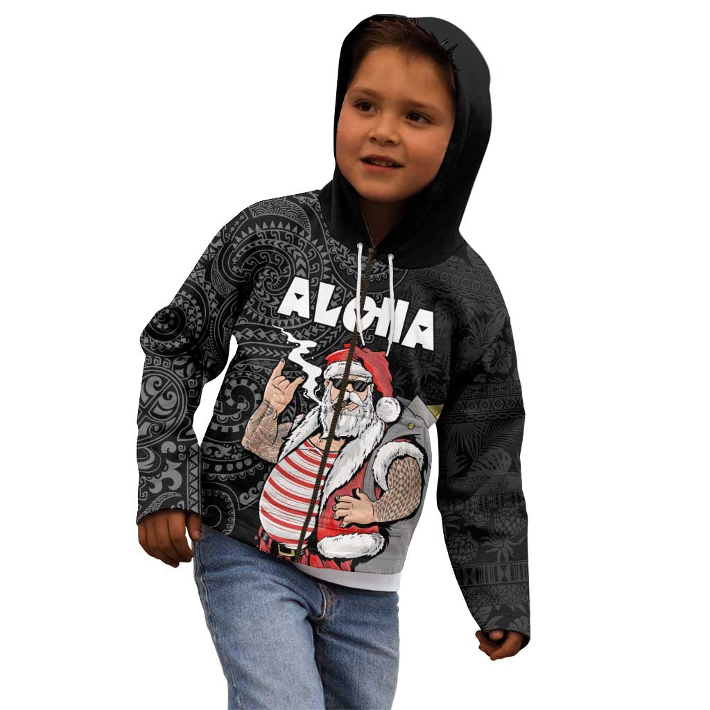 Hawaii Aloha Santa Claus Funny Polynesian Tattoo Kid Hoodie Black Color