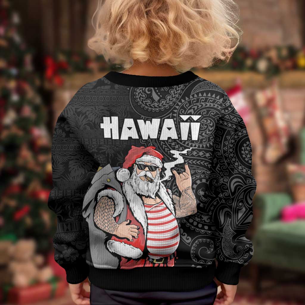 Hawaii Aloha Santa Claus Funny Polynesian Tattoo Kid Ugly Christmas Sweater Black Color