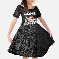 Hawaii Aloha Santa Claus Funny Polynesian Tattoo Kid Short Sleeve Dress Black Color