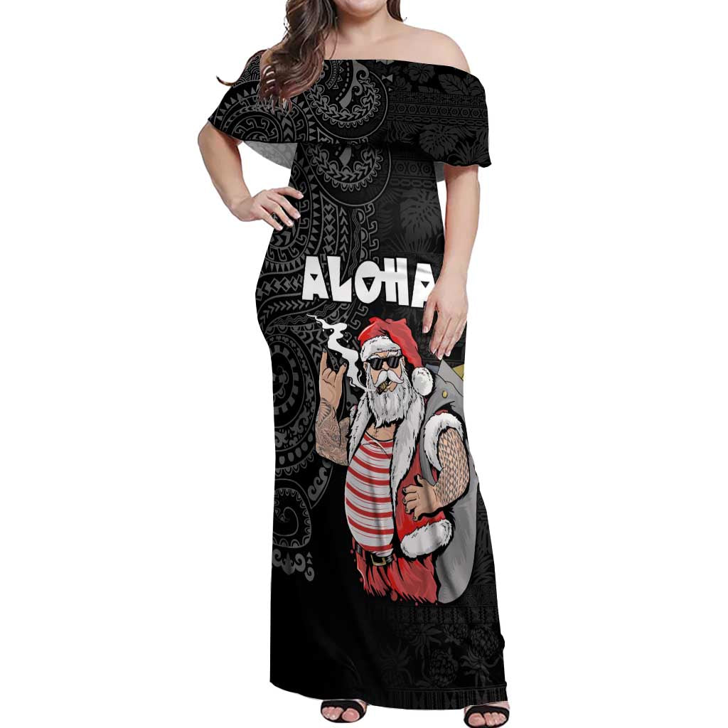 Hawaii Aloha Santa Claus Funny Polynesian Tattoo Off Shoulder Maxi Dress Black Color