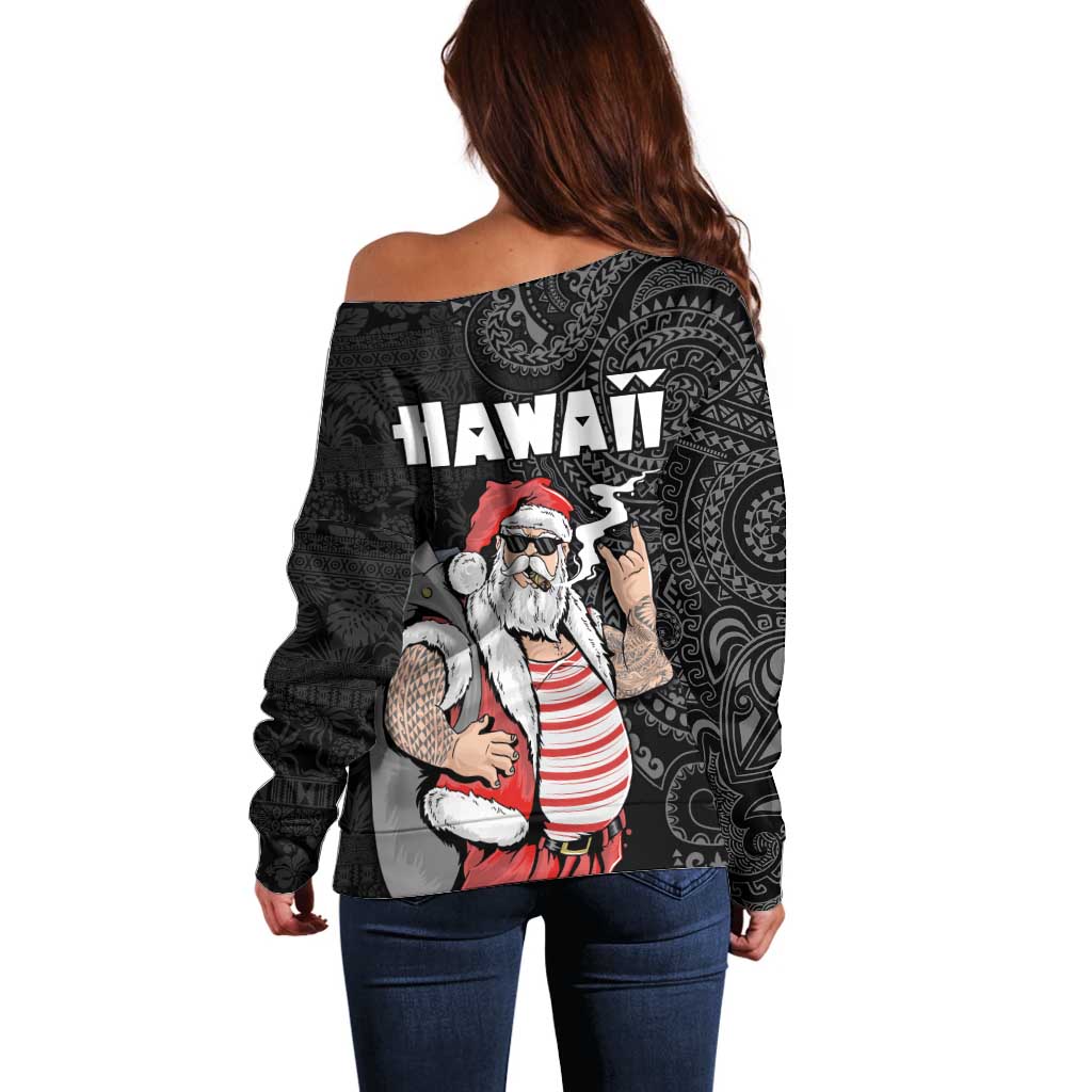 Hawaii Aloha Santa Claus Funny Polynesian Tattoo Off Shoulder Sweater Black Color