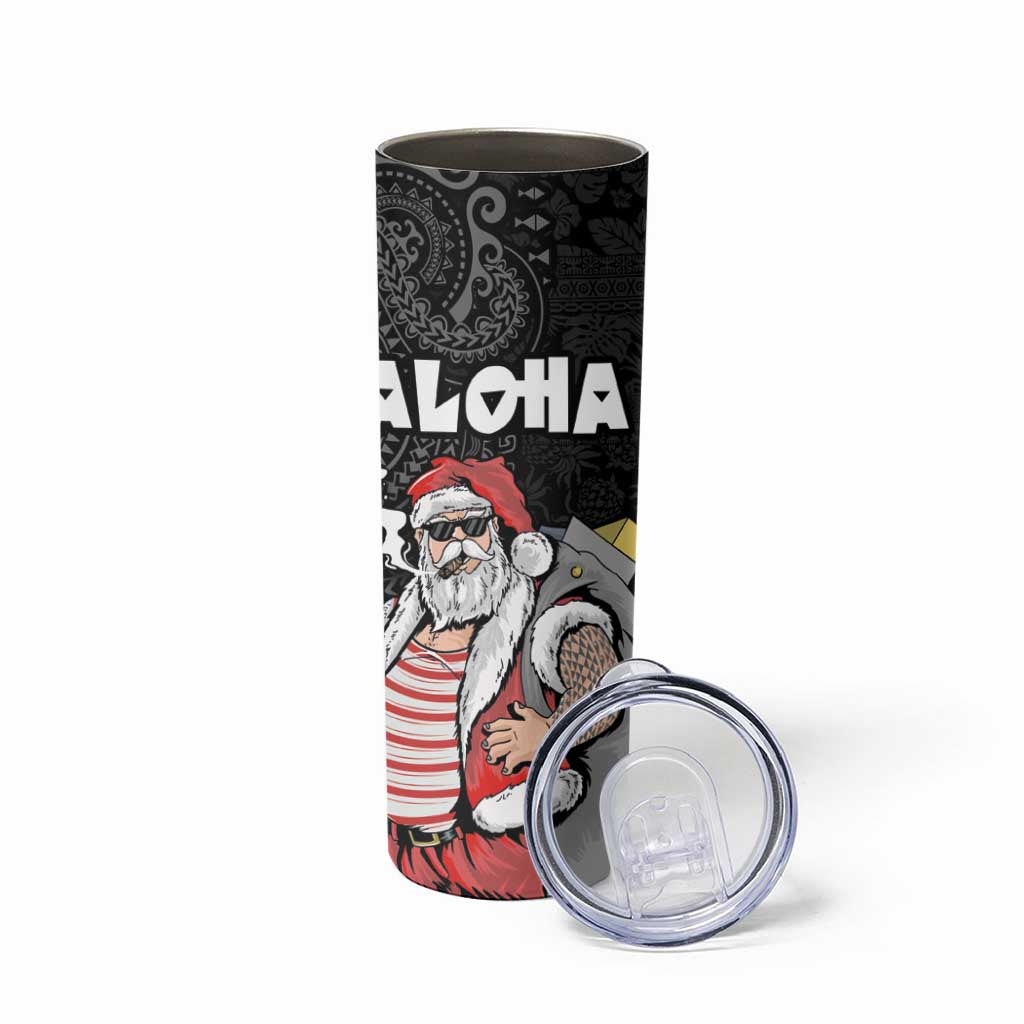 Hawaii Aloha Santa Claus Funny Polynesian Tattoo Skinny Tumbler Black Color