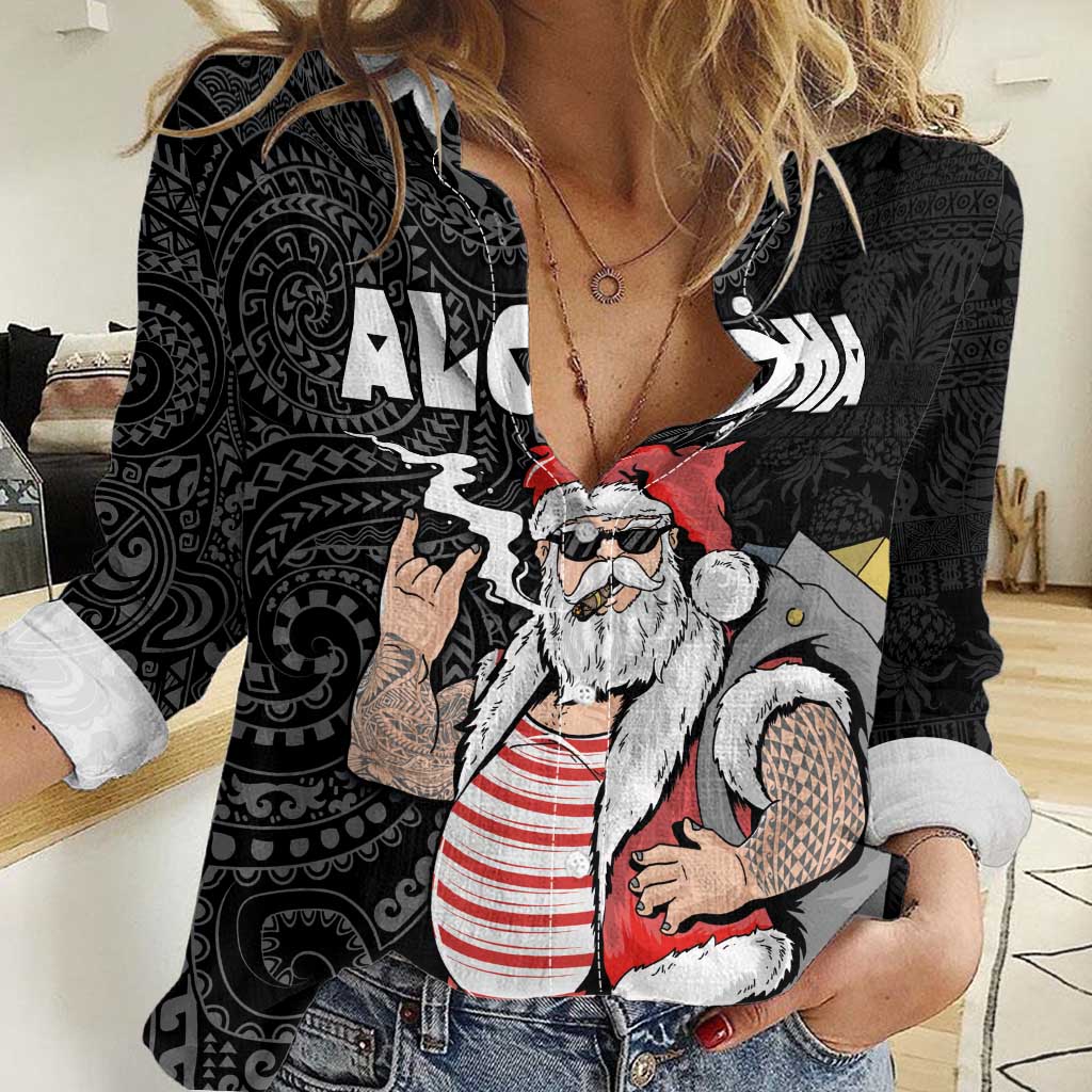 Hawaii Aloha Santa Claus Funny Polynesian Tattoo Women Casual Shirt Black Color