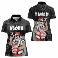 Hawaii Aloha Santa Claus Funny Polynesian Tattoo Women Polo Shirt Black Color
