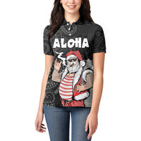 Hawaii Aloha Santa Claus Funny Polynesian Tattoo Women Polo Shirt Black Color
