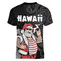 Hawaii Aloha Santa Claus Funny Polynesian Tattoo Women V-Neck T-Shirt Black Color LT03 - Polynesian Pride