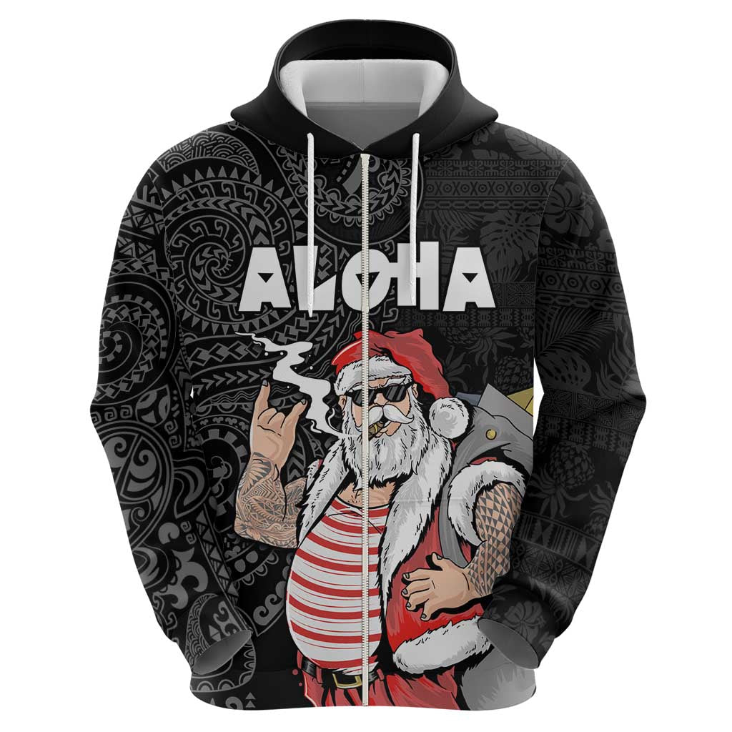 Hawaii Aloha Santa Claus Funny Polynesian Tattoo Zip Hoodie Black Color LT03 - Polynesian Pride