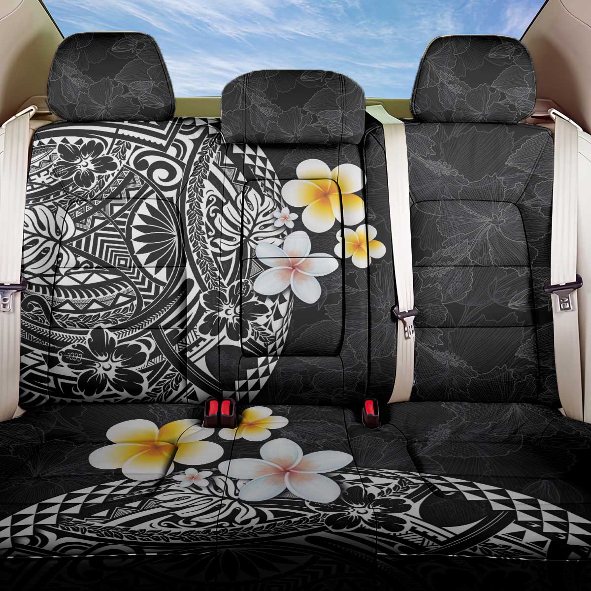 Hawaiian Hibiscus and Plumeria Polynesian Tribal Tattoo Back Car Seat Cover Black Color