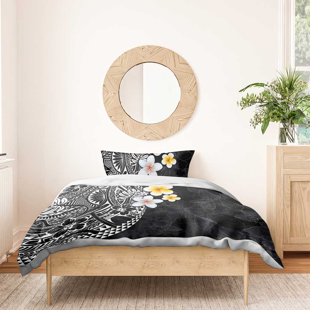 Hawaiian Hibiscus and Plumeria Polynesian Tribal Tattoo Bedding Set Black Color